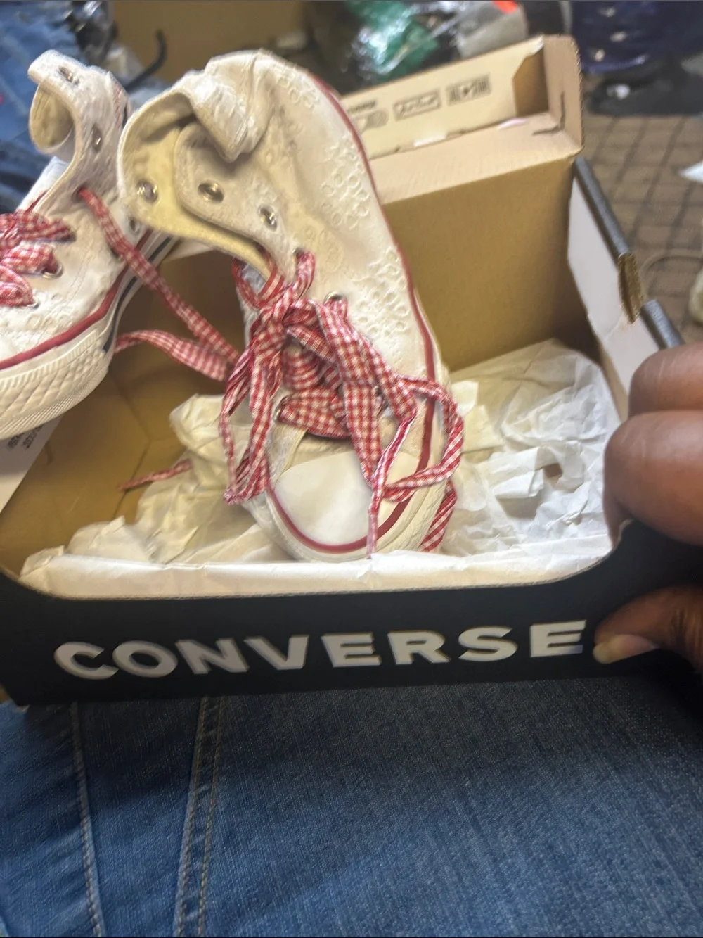 Converse White Kids High-Top Sneakers with Red Gingham Laces NEDOS